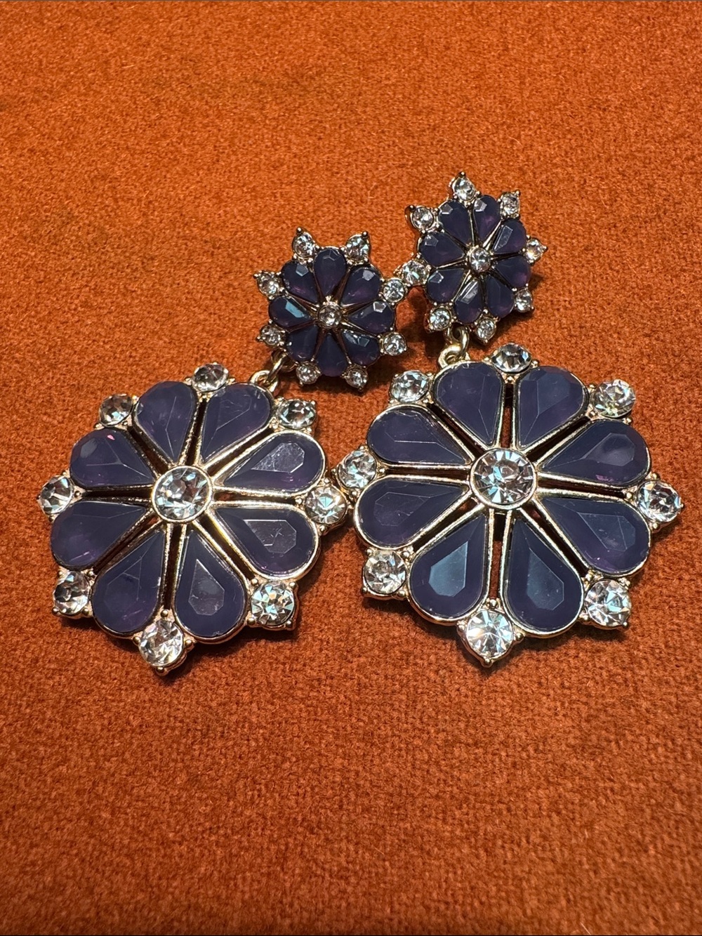 Gold-Trim Floral Gem and Rhinestone Drop Earrings